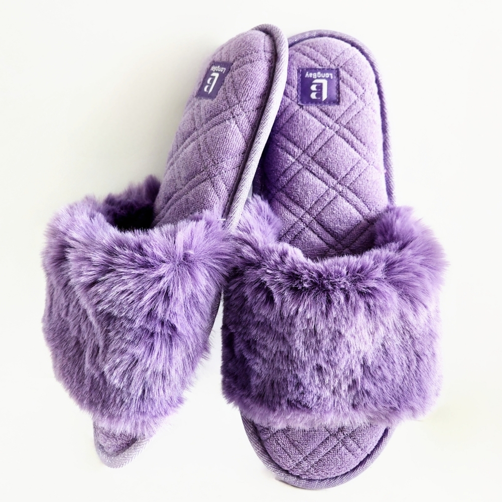 LongBay New Purple Faux Fur Slippers, Cushioned Luxury Slides, Size Large 9